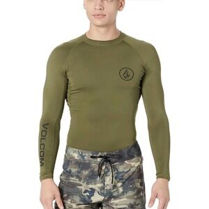 New Volcom Lido Stretch Men M Long Sleeve Rashguard Surf Swim Beach Olive UPF 50